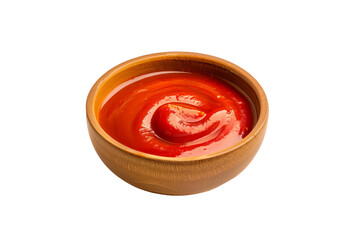 Black bowl filled with smooth Cholula Sauce or red ketchup isolated on white. Concept of food condiment, sauce, or dip