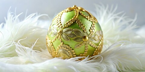 7. A delicate, pistachio green glass Easter egg, adorned with golden filigree, resting on a soft, white feather, a realistic photo image.