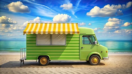 6. A vibrant pistachio green and yellow striped awning above a colorful ice cream truck, parked at a lively beach, a realistic photo image.