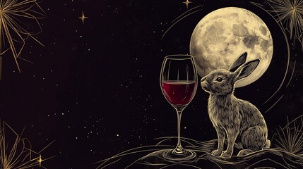 A rabbit is admiring and under the moon with red wine glass beside for mid-autumn festival concept.