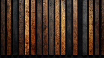 An abstract pattern of wooden slats with varying depths, set against a dark background, showcasing a textured modern architectural design