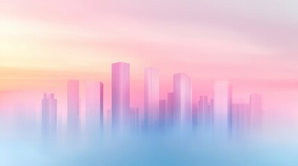 Wall Mural - A city skyline is shown in a soft pink and blue color scheme. The buildings are tall and the sky is hazy