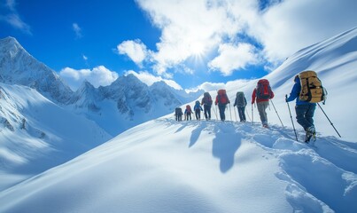 mountaineering team ascending snowy peak, alpine expedition adventure, winter summit climb scene, ma