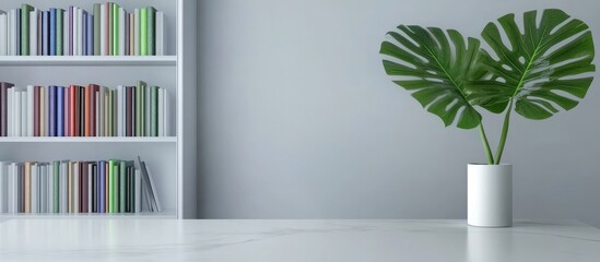 Wall Mural - Minimalist white table with bookshelves and plants in a blurred background,