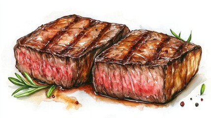 Watercolor of Delicious Grilled Beef Steak and red wine glass,Detailed Hand Drawn,Vector illustration,Freshly medium rare grilled beef steak, fried meat, close-up, isolated on white background.