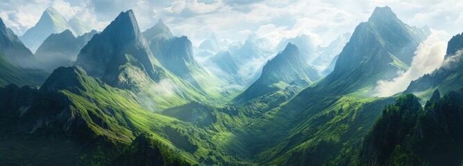 Wall Mural - Lush Green Mountains Bathed in Morning Mist