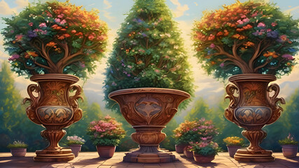 Wall Mural - Pictures of beautiful trees and flowers grown in pots. Placed as a decoration in the large garden. d.(28)