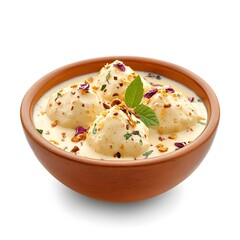 Wall Mural - Macro Closeup of Delicious Traditional Indian Rasmalai Dessert on White Background