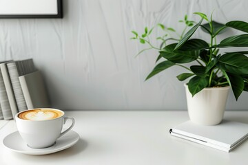 Wall Mural - Workspace Desk. Office Workspace with Copy Space, Books, Plant and Coffee on White Desk