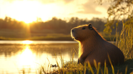 A capybara (Hydrochoerus hydrochaeris), the largest rodent, near water in the evening light during sunset. --ar 16:9 --v 6.1 Job ID: 8b5f1b66-f7f5-410f-b924-2bb873bb6ccb