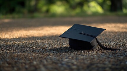 Graduation mortarboard cap on the ground, graduation ceremony concept. Congratulation the graduates in University, education background with copy space for text. copy space.