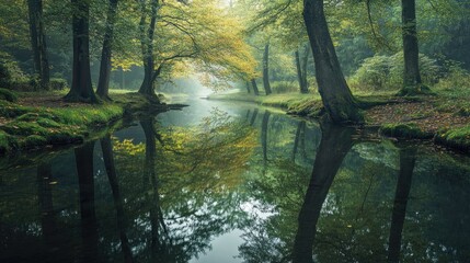 Wall Mural - Peaceful European stream reflecting the surrounding trees, perfect for copy space.