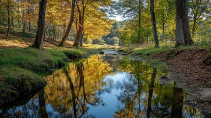  Peaceful European stream reflecting the surrounding trees, perfect for copy space.