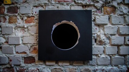 Wall Mural - A Circular Hole in a Black Square on a Brick Wall