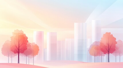 Wall Mural - A cityscape with a pink sky and trees in the foreground. The city is filled with tall buildings and the sky is a soft pink color