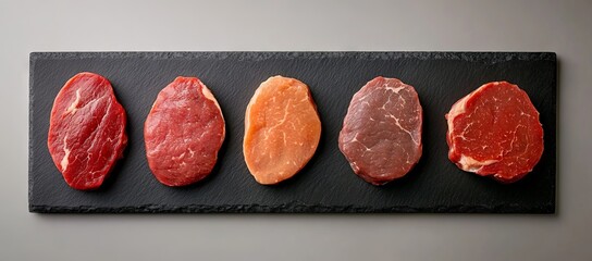 five different types of beef steaks on a black slate board background