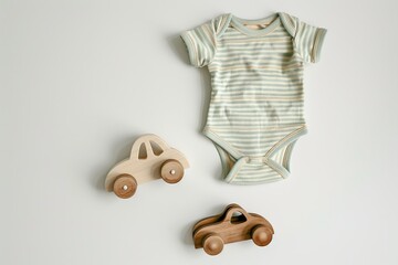 Wall Mural - Baby boy onesie on a light background. Fashion newborn clothes. Flat lay, top view. Baby kids soft clothing set, wooden toys. Infant trendy bodysuit made of organic eco friendly cotton. Gender neutral