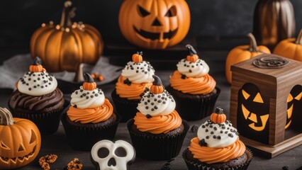 Halloween cupcakes on dark surface surrounded by festive decorations.