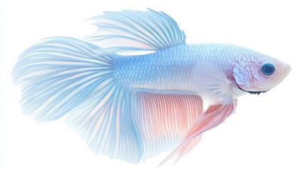 A white and pink fish with a long tail. The fish is swimming in a tank