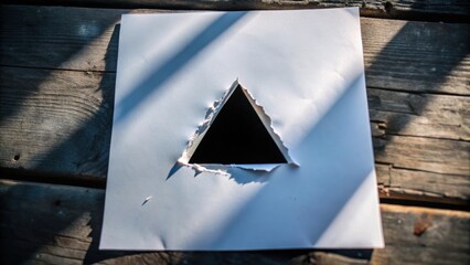 Wall Mural - A triangular hole ripped in a white paper on wood