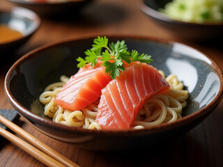 A bowl of noodles with two pieces of salmon on top