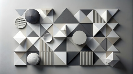 Wall Mural - Geometric Harmony in Monochrome: A captivating arrangement of black, white, and gray pyramids and spheres on a seamless backdrop.