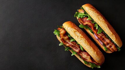 Two baguette sandwiches with bacon, arugula, and red onion on a dark background