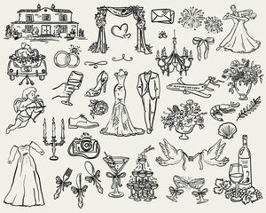 whimsical wedding - handdrawn illustration set for a magical wedding design