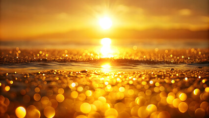 Sticker - Golden Sunset Sparkle: A mesmerizing vista of a golden sunset over shimmering water, adorned with radiant bokeh and a sprinkle of magical fairy dust. 