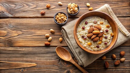 Morning porridge with nuts on a rustic wooden table, breakfast, healthy, oatmeal, almonds, walnuts, hazelnuts