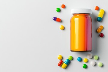 Orange bottle mockup with scattered pills on a white background