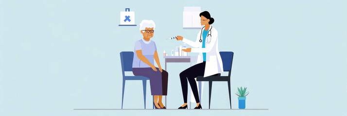 Doctor giving vaccination to elderly patient. Flat illustration. Horizontal banner. National Influenza Vaccination Week. Immunization Awareness Month. Immunization and vaccination. Free space for text