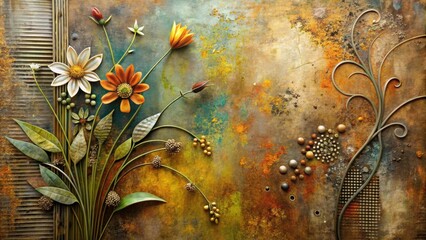 Wall Mural - Abstract modern painting with metal elements and textured background featuring flowers and plants , art, contemporary