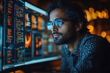 Wall Mural - software developer working on computer code at night in office