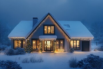 Cozy snow-covered house lit up with Christmas decorations at dus