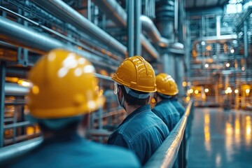 Poster - Industrial engineers wearing hard hats inspecting a pipeline system
