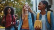 © Khalil - Happy international university friends walking together in campus, chatting and laughing outdoors after school