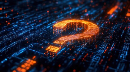 3D digital representation of a question mark made from binary code, symbolizing AI's impact on natural language processing and information retrieval