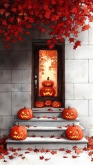 Wall Mural - Autumnal front porch with a cascade of red and orange leaves, a jack-o'-lantern glowing gently, and a welcoming wreath on the door