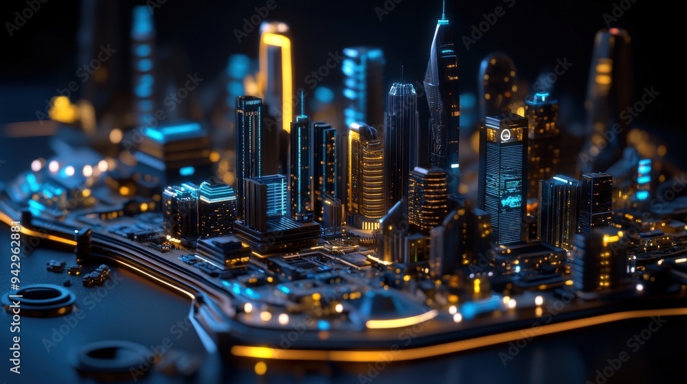 Futuristic neon city skyline at night with illuminated skyscrapers and ...
