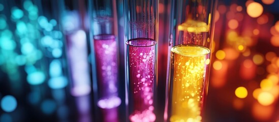 Wall Mural - Vibrant Test Tubes with Colorful Chemical Solutions in a Laboratory Setting with Bokeh Light Effects