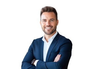 Successful Caucasian businessman with suit in an office. Isolated on transparent background.