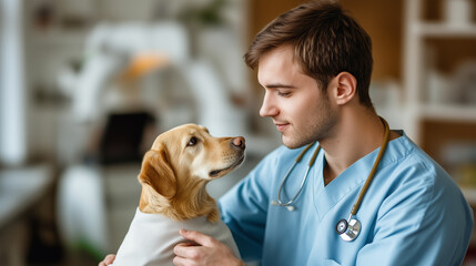 A dog at the reception in the veterinary clinic, a young veterinarian man holds and looks at it.