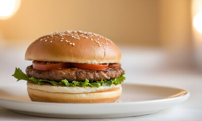 Delicious burger with lettuce and tomato on a sesame seed bun