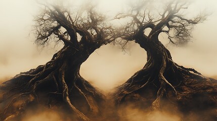 two gnarled trees stand against a misty background, their roots reaching out like grasping claws.