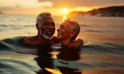 Wall Mural - A joyful couple shares a loving moment in the ocean, surrounded by the shimmering waves as the sun sets, painting the sky with vibrant colors
