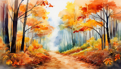 Wall Mural - Watercolor painting of autumn forest with dirt trail and fallen leaves. Beautiful natural landscape.