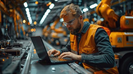 This image captures an engineer wearing glasses and an orange vest, engrossed in work on his laptop within a well-organized factory, symbolizing modern industrial practices.