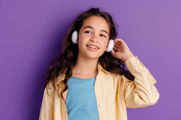 Close-up portrait of a charming young girl gazing into the distance, dressed in a casual shirt against a vibrant purple background.