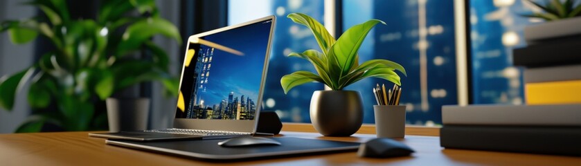 Modern office workspace with a computer, potted plants, and city skyline view through large windows